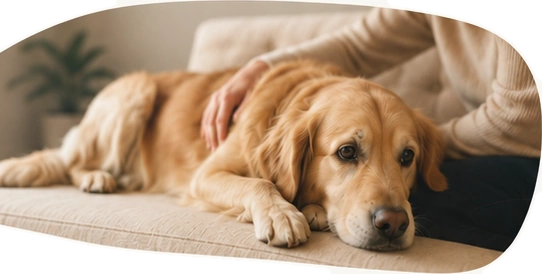 Cão sendo acolhido no sofá por um tutor em um momento de sensibilidade emocional.