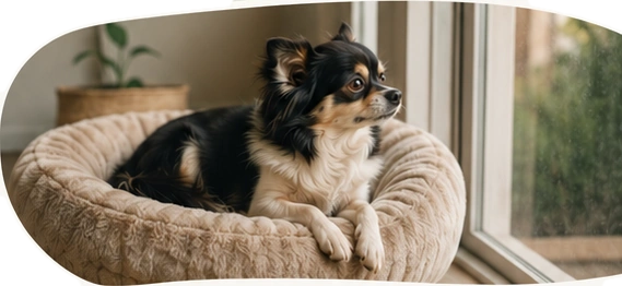 Cão observando um novo ambiente pela janela em busca de referências e segurança.